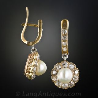 Victorian Natural Pearl and Diamond Drop Earrings