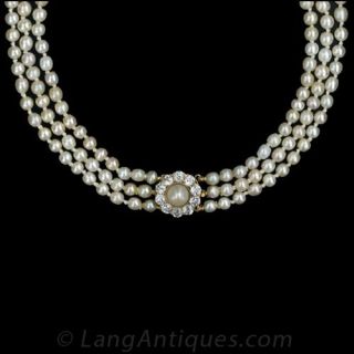 Victorian Natural Pearl and Diamond Necklace, Circa 1895