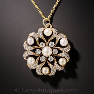 Victorian Natural Pearl and Diamond Snowflake Pendant/Pin