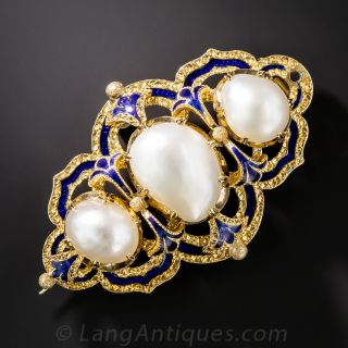 Victorian Natural Pearl and Enamel Antique Brooch