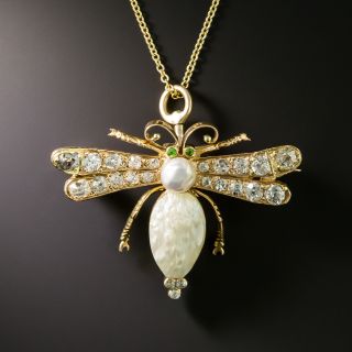 Victorian Natural Pearl, Diamond and Demantoid Insect Pendant/Brooch - 2