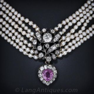 Victorian Natural Pearl, Diamond and Pink Sapphire Necklace