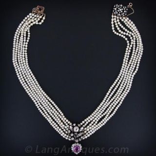 Victorian Natural Pearl, Diamond and Pink Sapphire Necklace