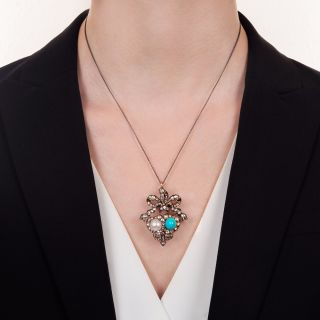 Victorian Natural Pearl, Turquoise and Diamond Double-Heart Pendant/Brooch - GIA