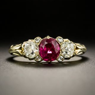 Victorian No-Heat Burmese Ruby and Diamond Three-Stone Ring - 1