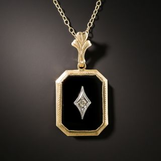 Yellow Gold Onyx and Diamond Pendant  - 2