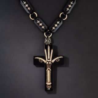 Victorian Style Onyx and Pearl Cross with Chain - 1