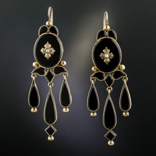 Victorian Onyx and Pearl Drop Earrings - 2
