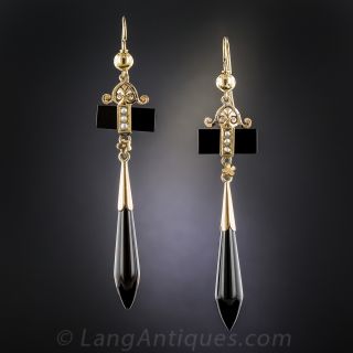 Victorian Onyx and Pearl Long Drop Earrings