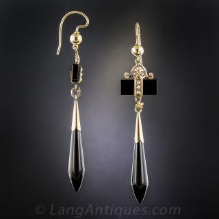 Victorian Onyx and Pearl Long Drop Earrings