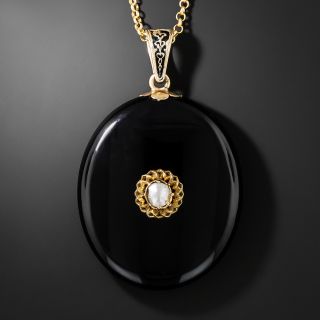 Victorian Onyx and Pearl Pendant Locket Necklace - 2