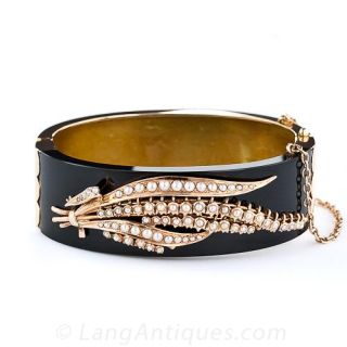 Victorian Onyx and Seed Pearl Bangle Bracelet