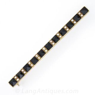 Victorian Onyx and Seed Pearl Bar Brooch
