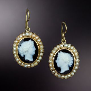Victorian Onyx and Seed Pearl Cameo Earrings - 1