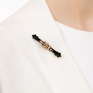 Victorian Onyx and Seed Pearl Fleur-de-Lys Brooch