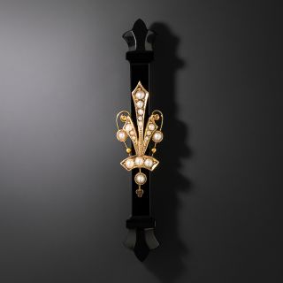 Victorian Onyx and Seed Pearl Fleur-de-Lys Brooch - 2