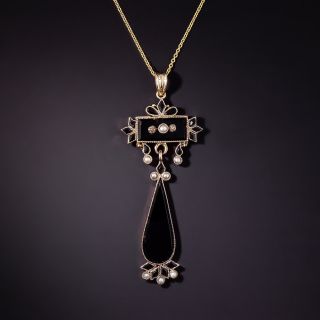 Victorian Onyx and Seed Pearl Lavalier Pendant - 3