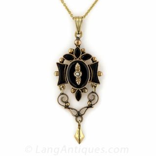 Victorian Onyx and Seed Pearl Lavalier