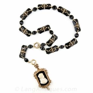 Victorian Onyx and Seed Pearl Necklace with Onyx Cameo Locket