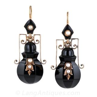 Victorian Onyx, Black Enamel and  Seed Pearl  Earrings