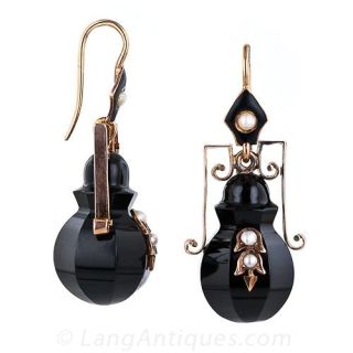 Victorian Onyx, Black Enamel and  Seed Pearl  Earrings