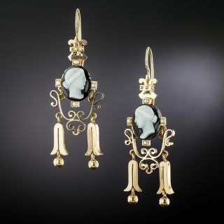 Victorian Onyx Cameo and Seed Pearl Earrings - 2