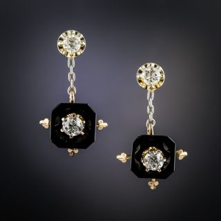 Victorian Onyx Diamond Dangle Earrings - 2