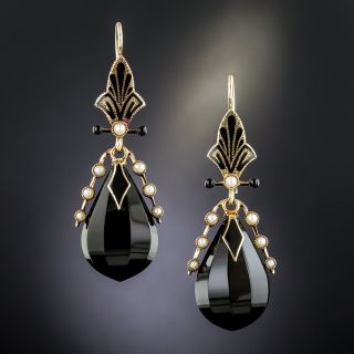 Victorian Onyx, Seed Pearl & Enamel Drop Earrings - 2