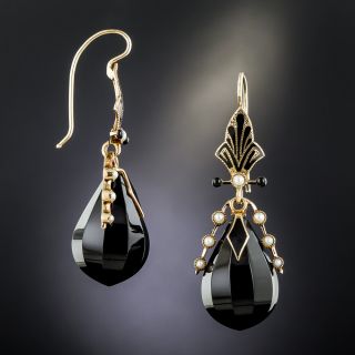 Victorian Onyx, Seed Pearl & Enamel Drop Earrings