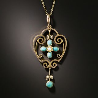Victorian Openwork Turquoise and Pearl Pendant - 2
