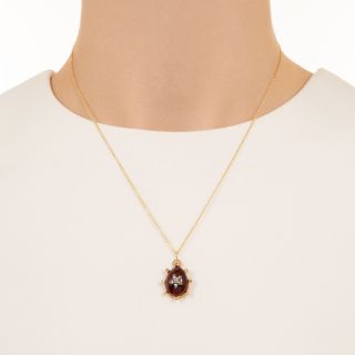 Victorian Pear Shaped Garnet Cabochon and Rose Cut Diamond Drop