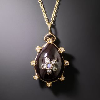 Victorian Pear Shaped Garnet Cabochon and Rose Cut Diamond Drop - 2