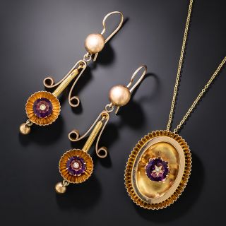 Victorian Pearl and Amethyst Glass Earrings And Necklace Suite - 2