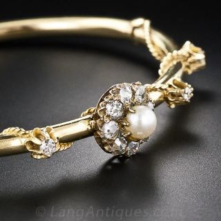 Victorian Pearl and Diamond Hinged Bangle Bracelet