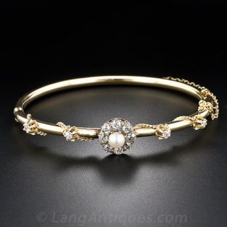 Victorian Pearl and Diamond Hinged Bangle Bracelet