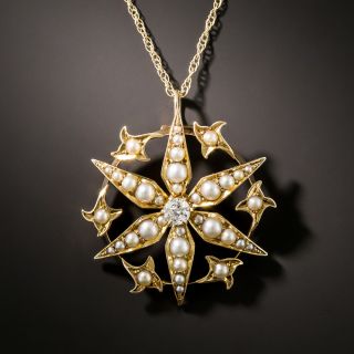 Victorian Pearl and Diamond Starburst Pendant - 2