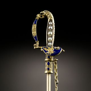 Victorian Pearl and Enamel Sword Pin with Removable Scabbard