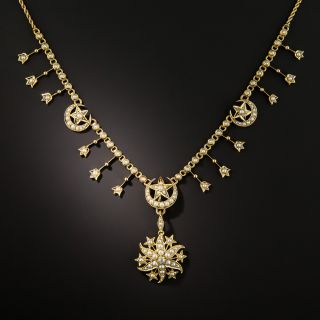 Victorian Pearl Crescent Moon and Star Necklace - 2