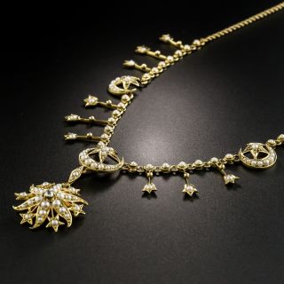 Victorian Pearl Crescent Moon and Star Necklace