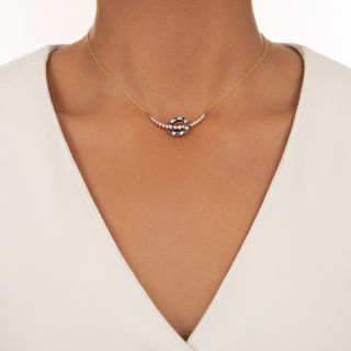 Victorian Pearl Crescent with Sapphire and Diamond Circle Necklace
