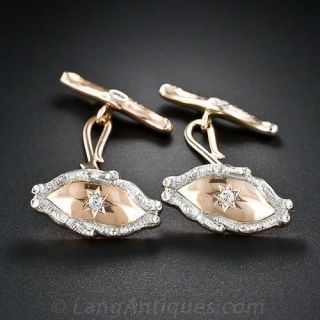 Victorian Platinum, Rose Gold and Diamond Wood-Motif Cufflinks