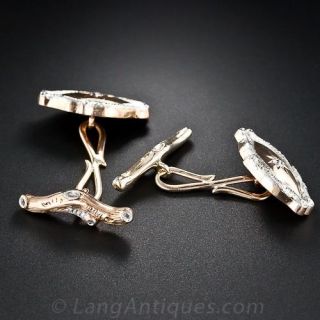 Victorian Platinum, Rose Gold and Diamond Wood-Motif Cufflinks
