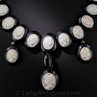 Victorian Queen Conch Cameo and Jet Necklace