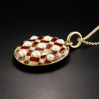 Victorian Red Enamel Pearl and Diamond Locket 