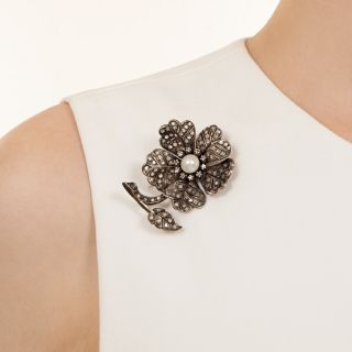 Victorian Retrospective Rose-Cut Diamond and Pearl Flower Brooch