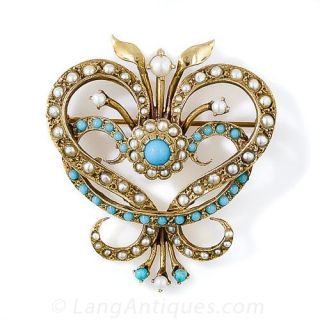 Victorian Retrospective Turquoise and Seed Pearl Brooch