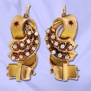 Victorian Ruby Diamond Ribbon Buckle Motif Drop Earrings