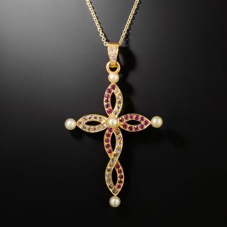 Victorian Ruby, Diamond and Natural Pearl Infinity Cross - 1
