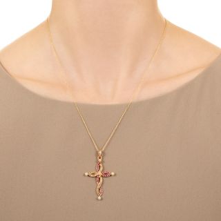 Victorian Ruby, Diamond and Natural Pearl Infinity Cross