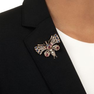 Victorian Ruby, Sapphire, Diamond and Pearl Butterfly Brooch